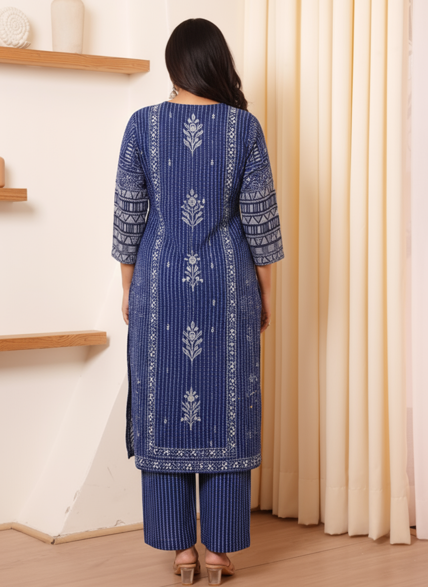 Viscose Floral Straight Indigo blue Kurta