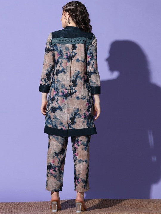 FUTURO Mandarin Collar Printed Top With Trouser