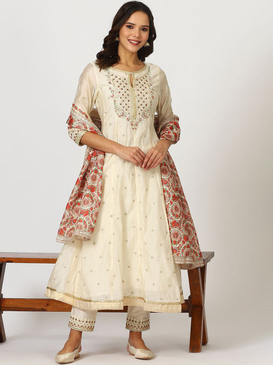 W Off White Floral Embroidered Keyhole Neck Regular Kurta With Trouser With Dupatta