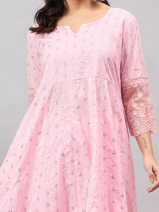 Anouk Floral Embroidered Sequinned Pure Cotton Anarkali Kurta With Trousers & Dupatta