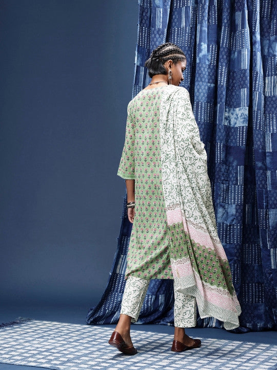 Taavi Floral Printed Regular Pure Cotton Block Print Legacy Kurta with Trousers & Dupatta