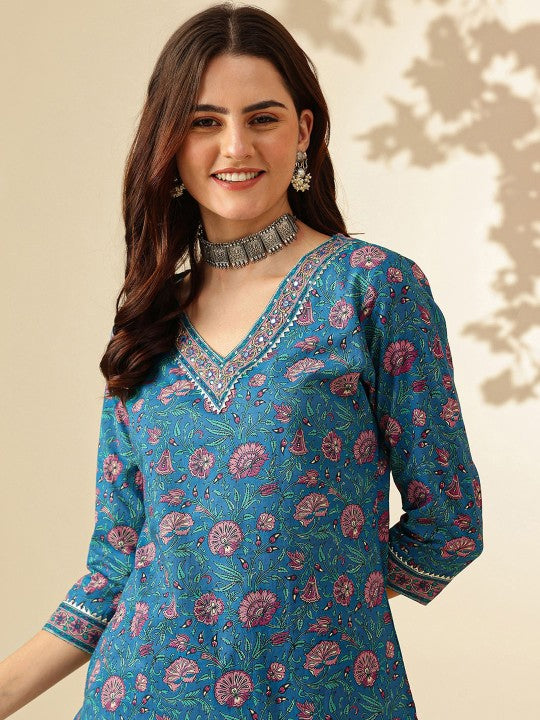 Anouk Floral Printed Regular Pure Cotton Kurta With Trousers & Dupatta