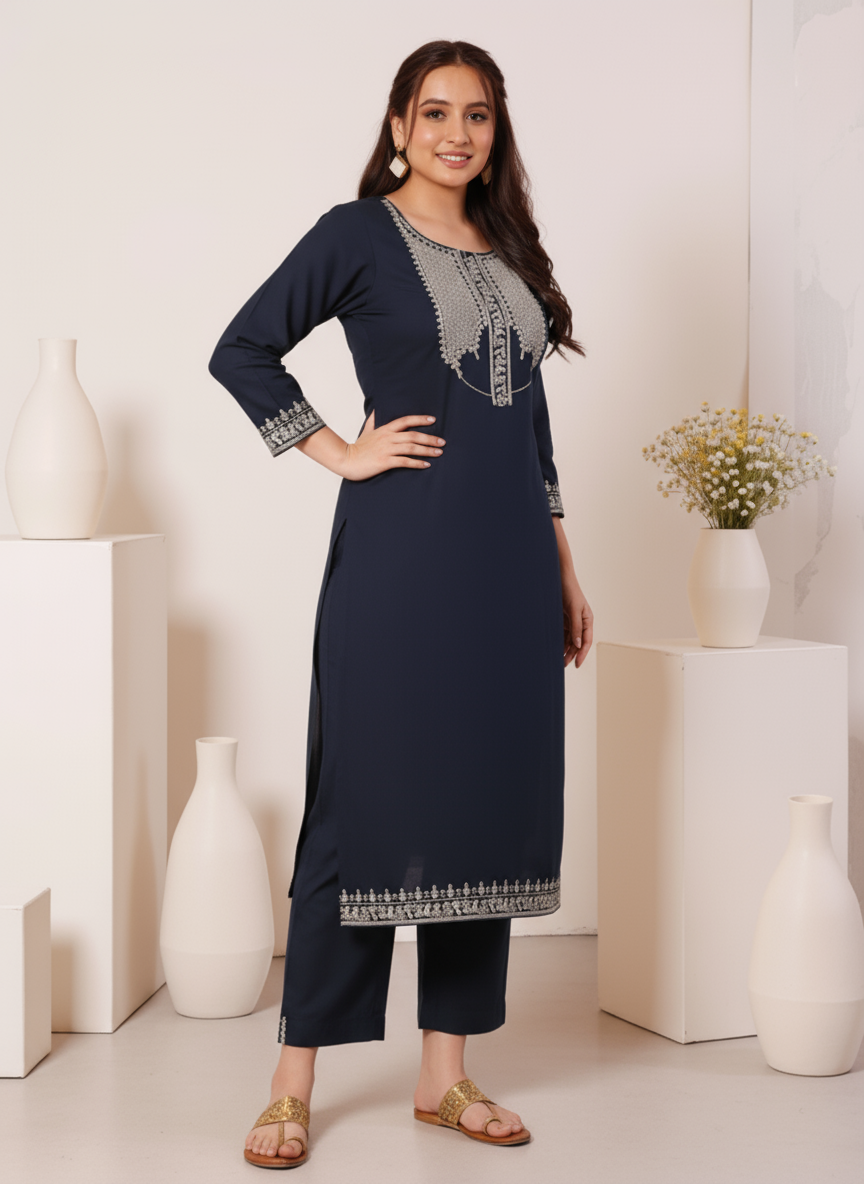 Embroidered Soft Cotton Solid Straight Navy Blue Kurta