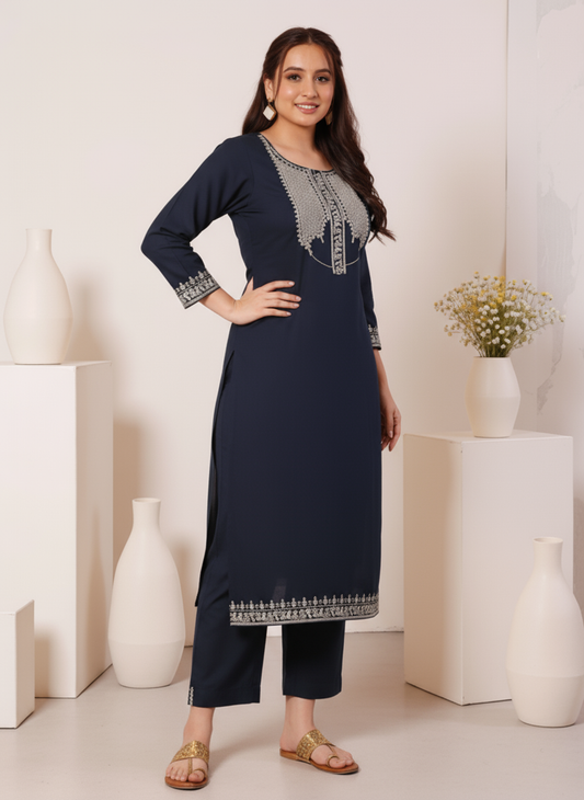 Embroidered Soft Cotton Solid Straight Navy Blue Kurta