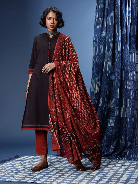 Taavi Ajrakh Pure Cotton Kurta With Trousers & With Dupatta