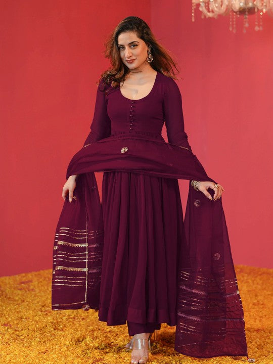 GoSriKi Solid Anarkali Kurta with Trousers & Dupatta