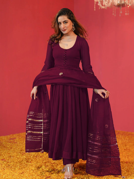GoSriKi Solid Anarkali Kurta with Trousers & Dupatta