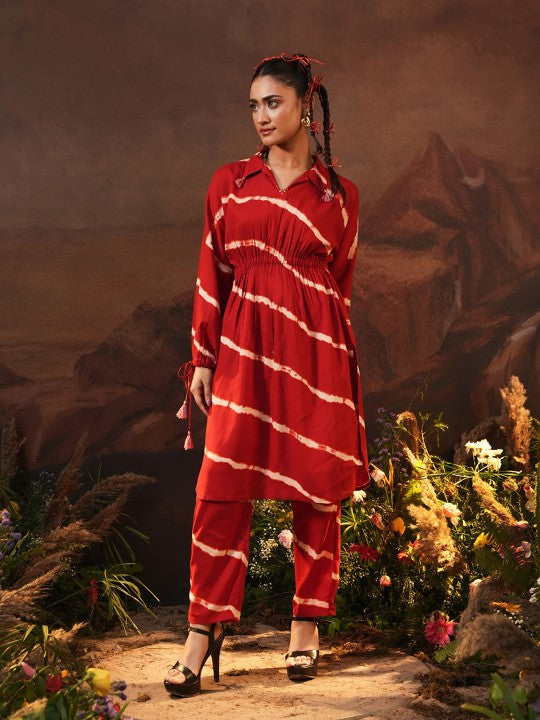 Ishin Tie & Dye Dyed Printed V-Neck Tunic Top and Trouser Co-Ords