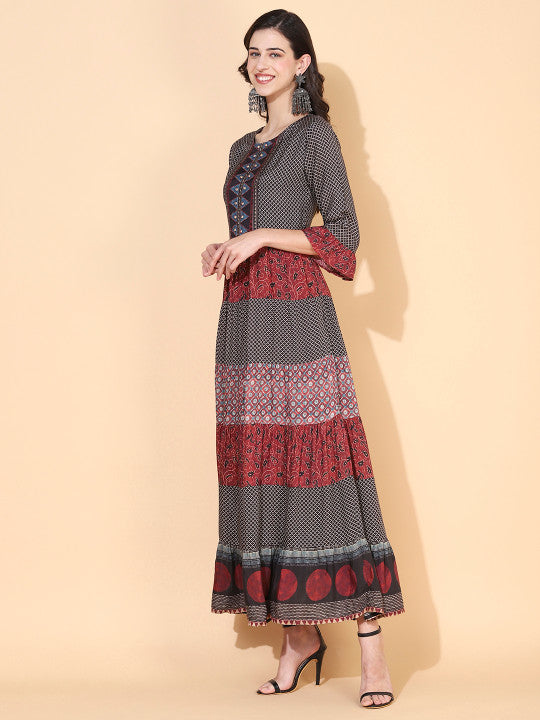 FASHOR Brown & Red Ethnic Motifs Printed Tiered Maxi Dress