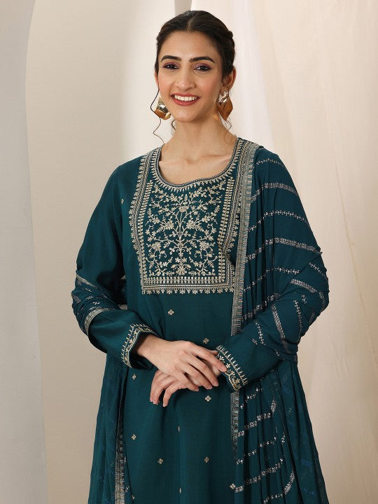 Gerua By Libas Floral Embroidered Round Neck Sequinned Straight Kurta
