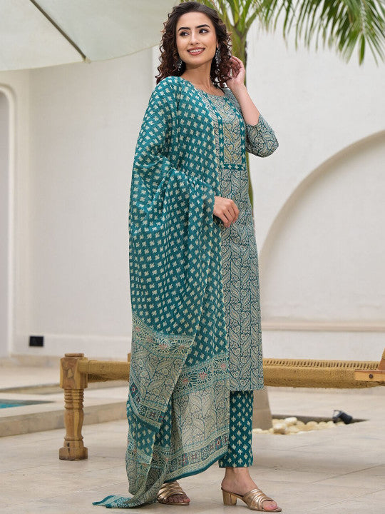 Yufta Ethnic Motifs Printed Pure Cotton Straight Kurta with Trouser & Dupatta