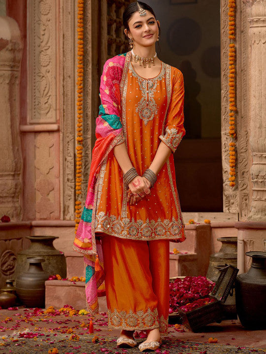 Indo Era Floral Embroidered Panelled Mirror Work A-Line Kurta With Palazzos & Dupatta
