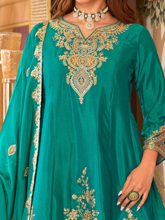 Indo Era Floral Embroidered Sequinned Chinon A-Line Kurta With Palazzos & Dupatta