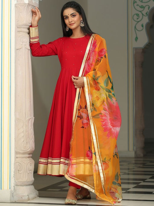GILLORI Sequined & Gotta Patti Pure Cotton Anarkali Kurta & Trousers With Dupatta