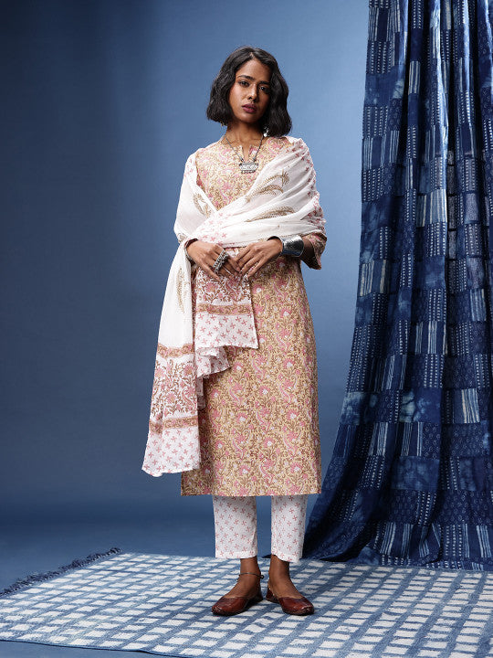 Taavi Indie Hand Block Printed Straight Block Print Legacy Kurta with Trousers & Dupatta