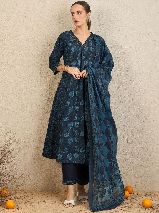 Indo Era Floral Printed Pure Cotton Kurta With Trousers & Dupatta
