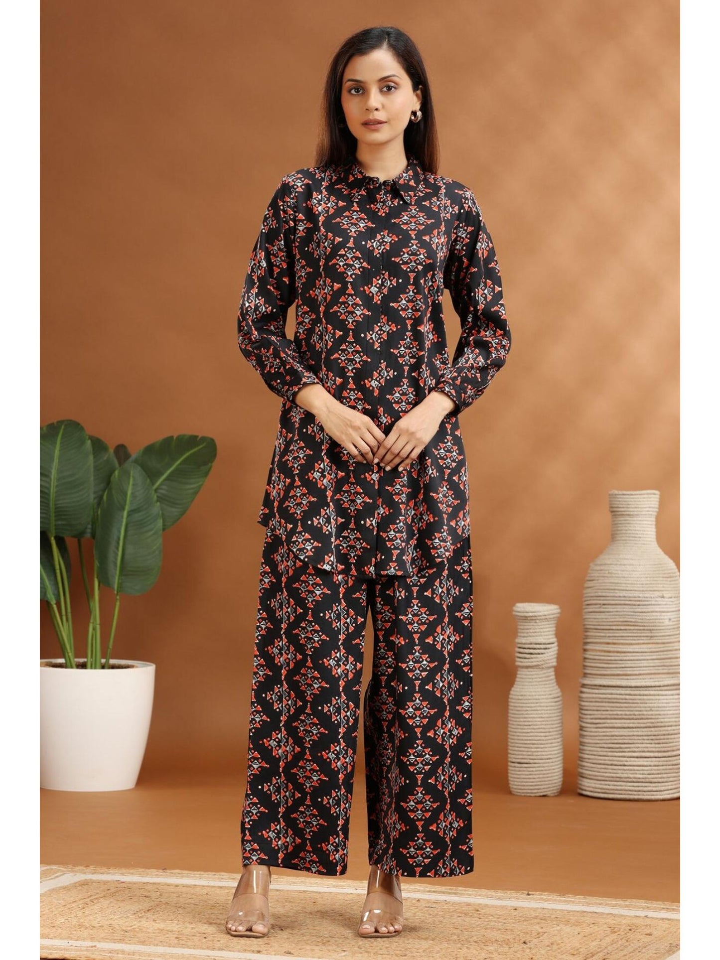 Black Rayon Straight Printed Co-Ord (Set of 2)