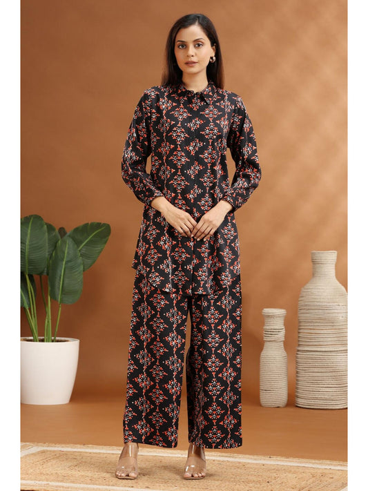Black Rayon Straight Printed Co-Ord (Set of 2)