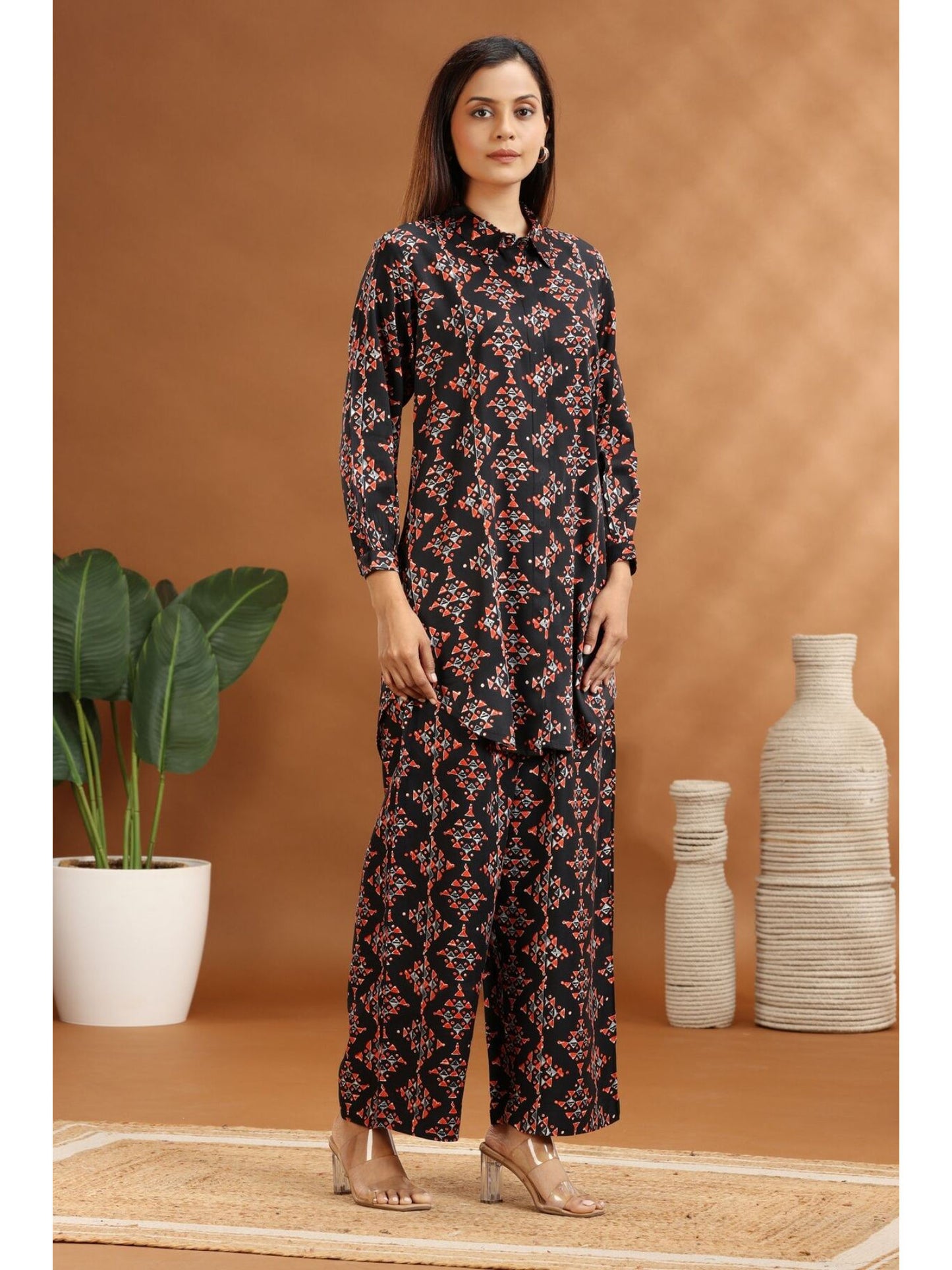 Black Rayon Straight Printed Co-Ord (Set of 2)