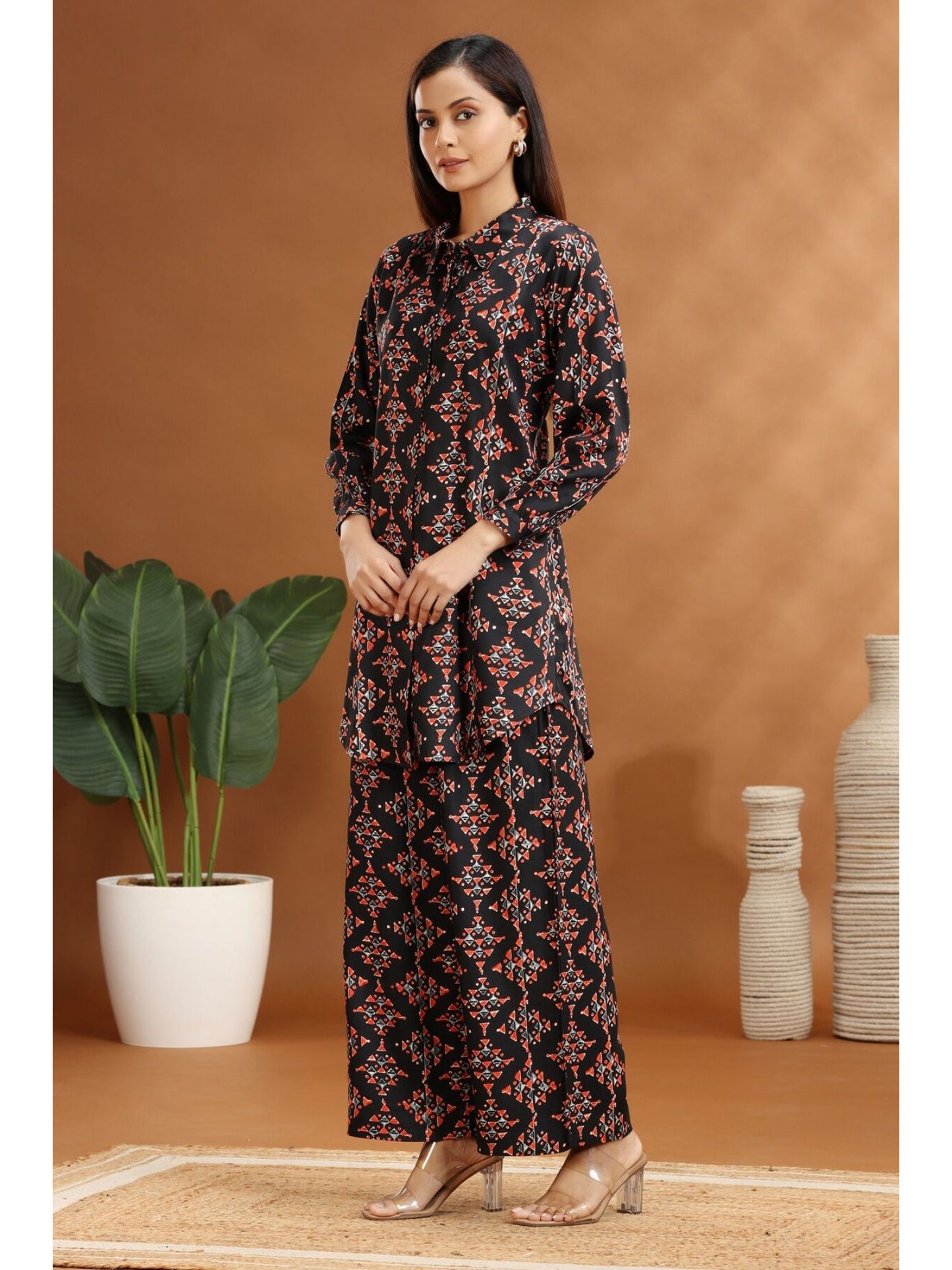 Black Rayon Straight Printed Co-Ord (Set of 2)