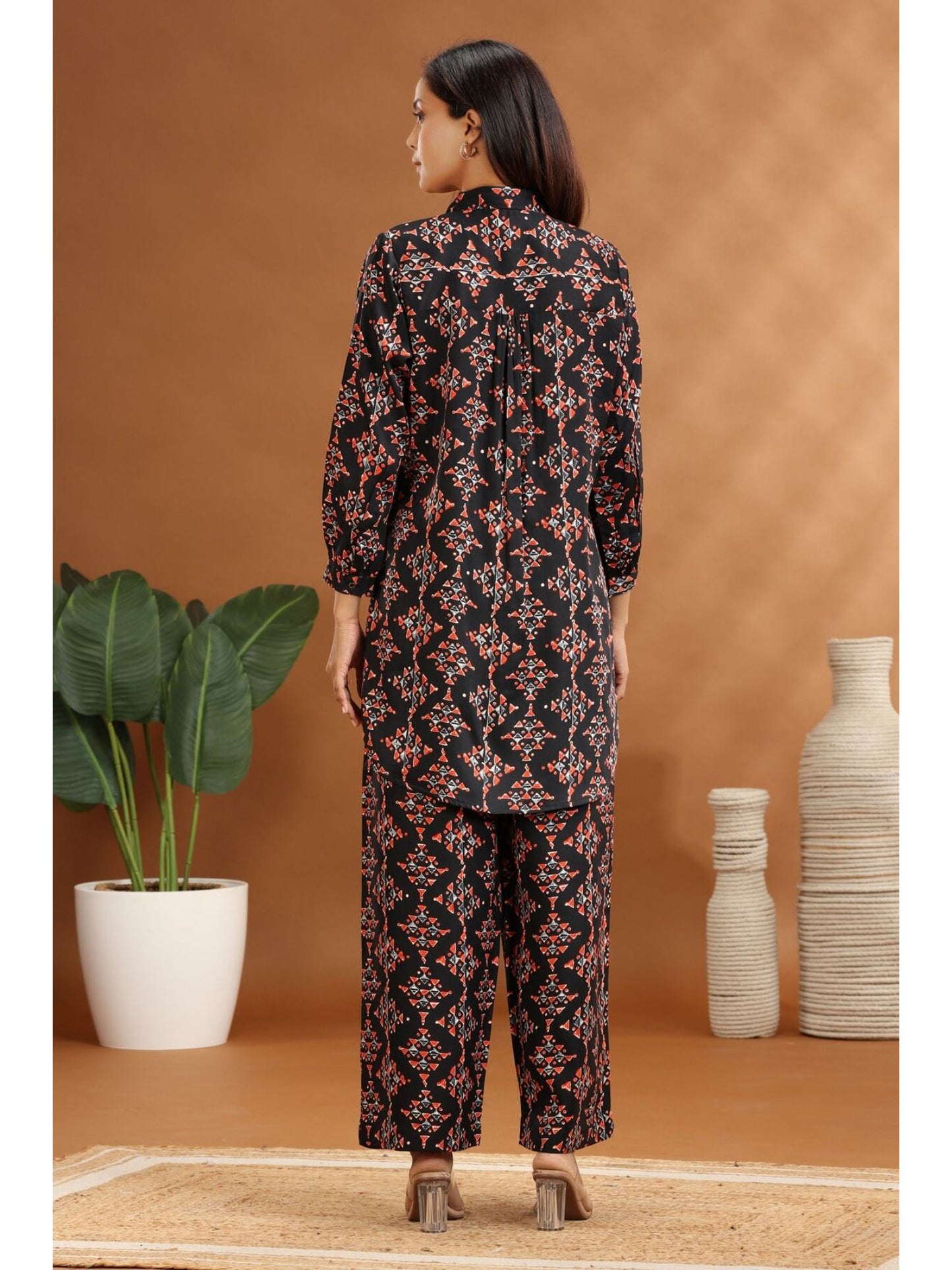 Black Rayon Straight Printed Co-Ord (Set of 2)