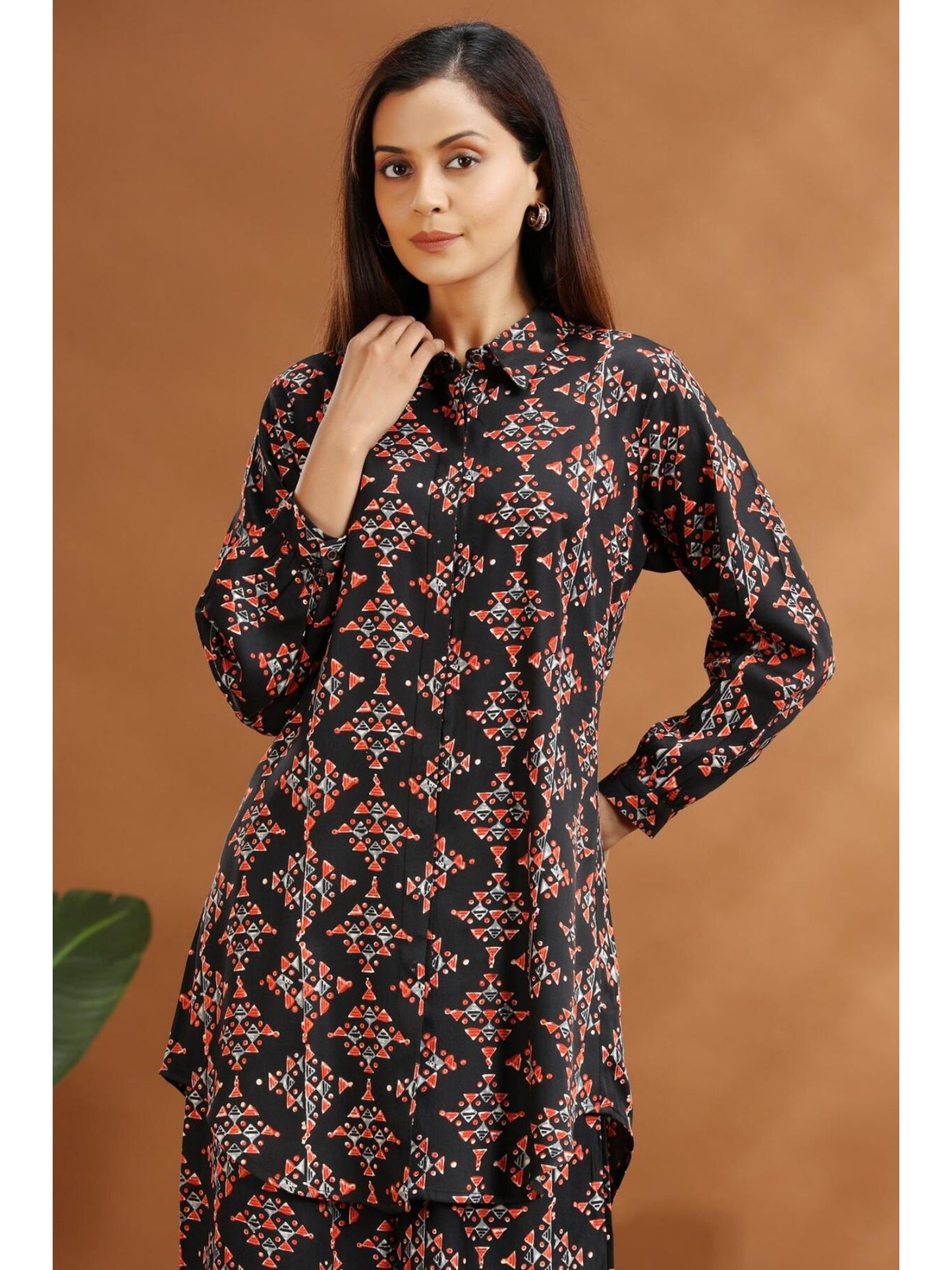 Black Rayon Straight Printed Co-Ord (Set of 2)