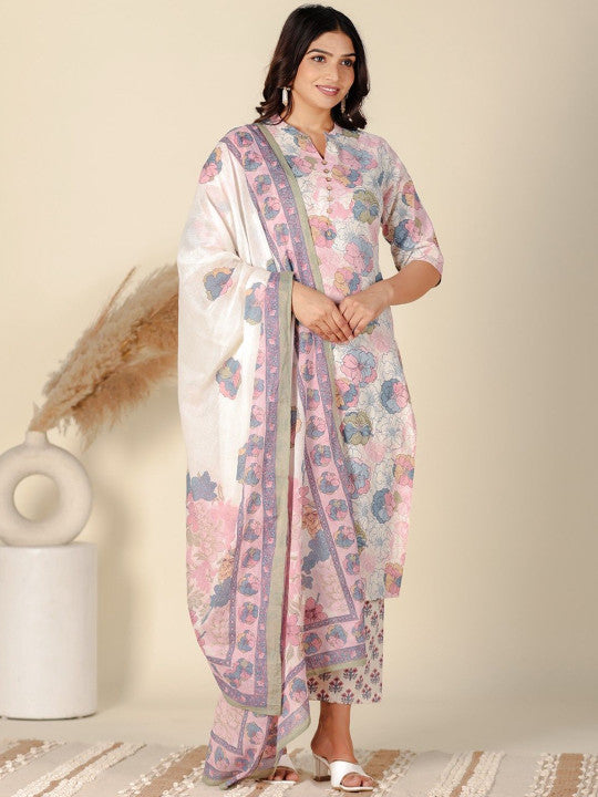 Aramya Floral Printed Pure Cotton Mandarin Collar Kurta With Trousers & Dupatta