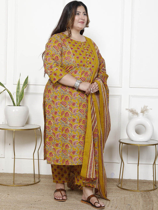 Swasti Women Floral Printed Regular Sequinned Pure Cotton Kurta with Trousers & With Dupatta