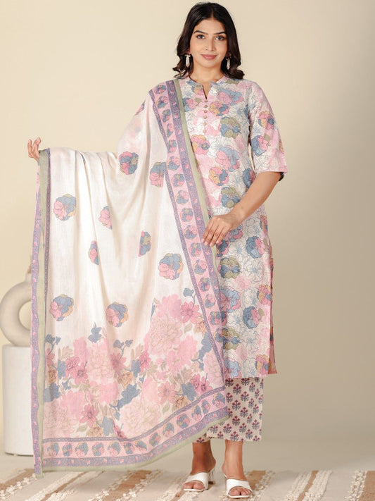 Aramya Floral Printed Pure Cotton Mandarin Collar Kurta With Trousers & Dupatta