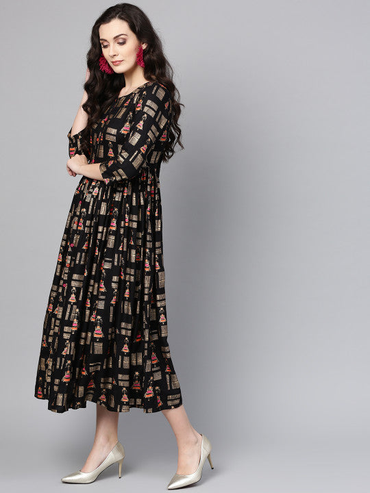 Varanga Black Quirky Print Empire Dress