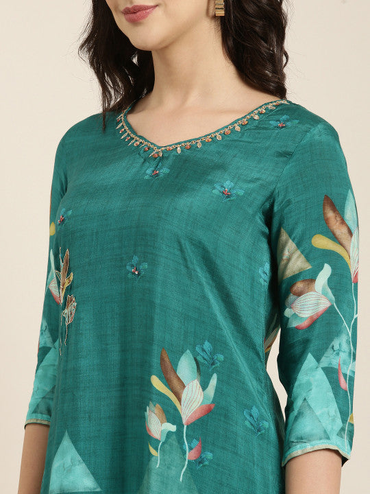 Floral Printed V-Neck Sequinned Kurta with Patiala & With Dupatta