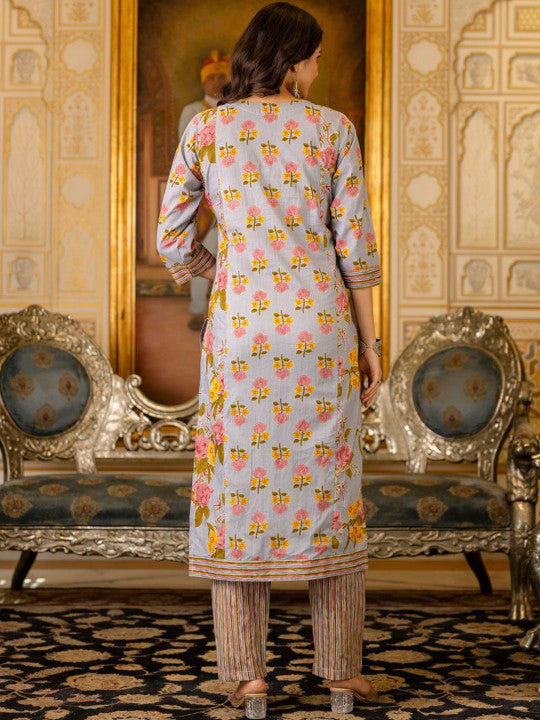 Floral Printed Regular Pure Cotton Kurta with Trousers & With Dupatta
