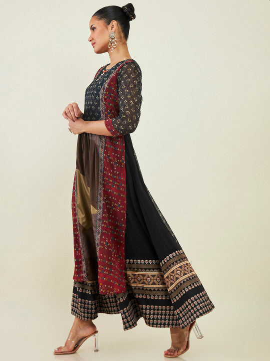 Neck Ethnic Motifs Printed Georgette Fit And Flare Ethnic Dress