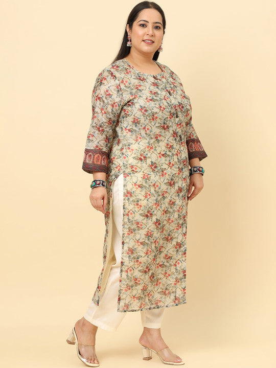 Sringam Plus Size Floral Printed Chanderi Cotton Kurta with Trousers & Dupatta