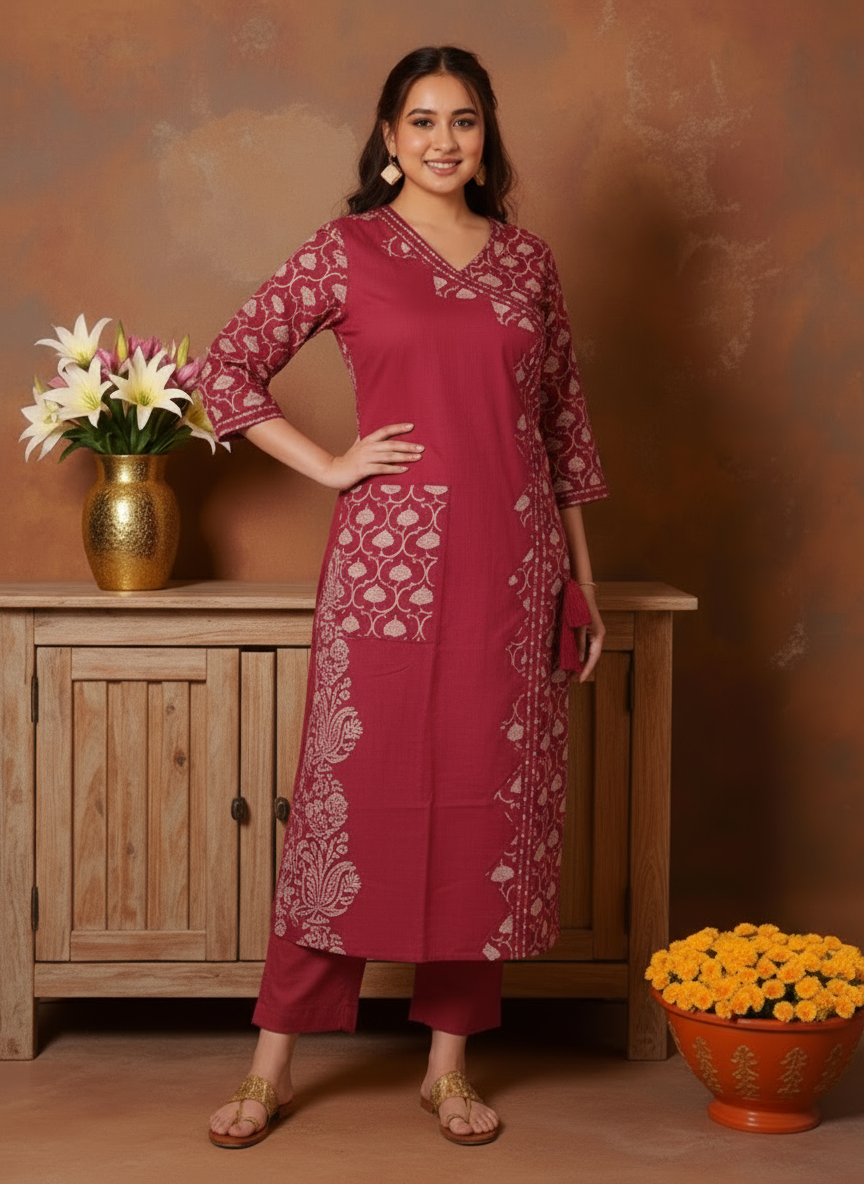 Embroidered Soft Cotton Solid Straight Maroon Kurta