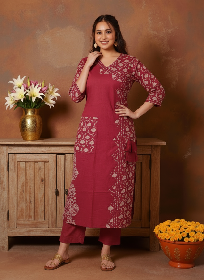 Embroidered Soft Cotton Solid Straight Maroon Kurta