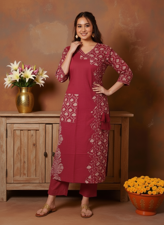 Embroidered Soft Cotton Solid Straight Maroon Kurta