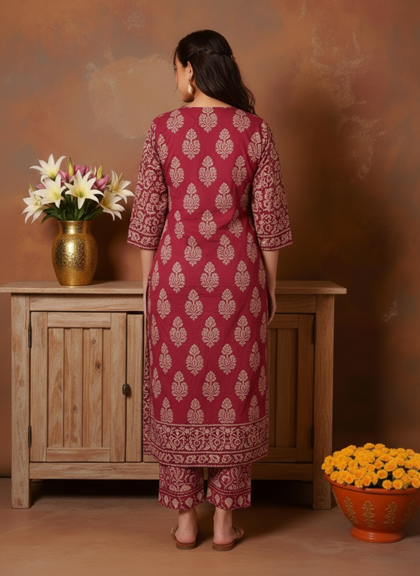 Embroidered Soft Cotton Solid Straight Maroon Kurta