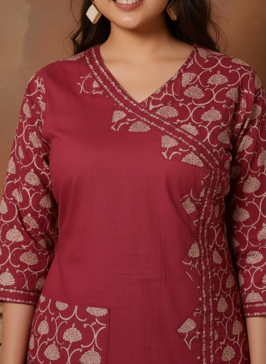 Embroidered Soft Cotton Solid Straight Maroon Kurta
