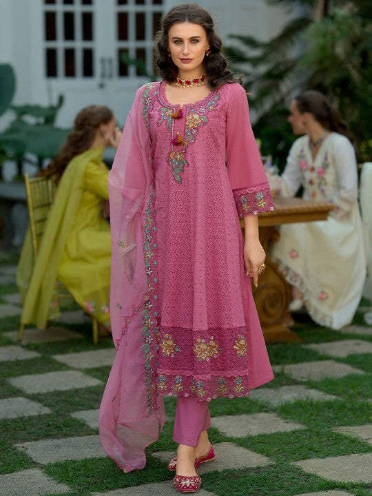 Indo Era Floral Embroidered Pure Cotton Anarkali Kurta With Trousers And Dupatta