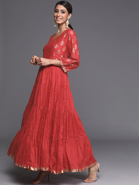 Biba Red & Gold-Toned Ethnic Motifs Maxi Dress