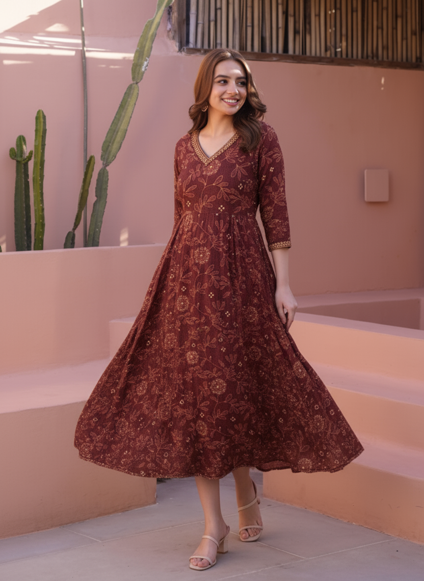 Soft Cotton Ikat Anarkali Maroon Dress