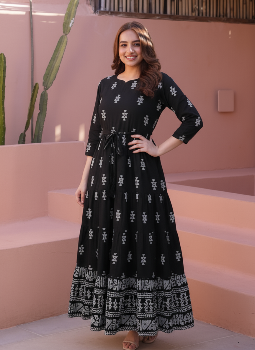 Viscose Floral Anarkali Navy Blue Dress