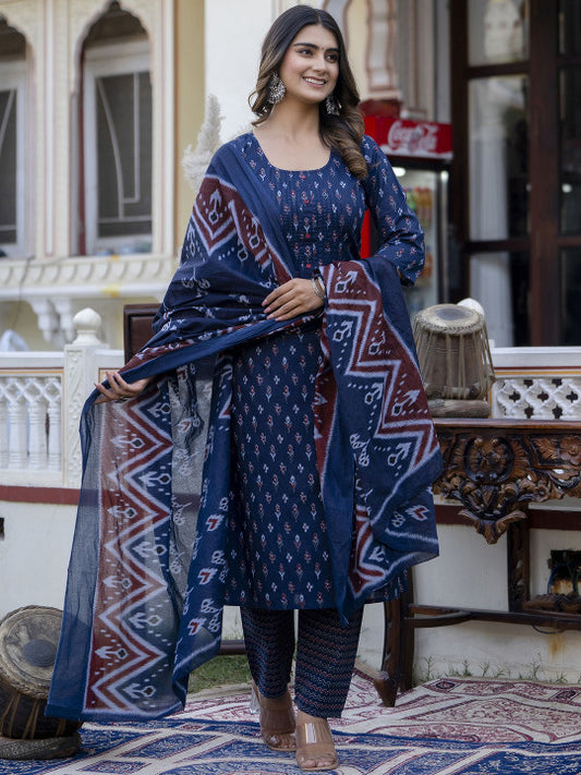 Printed Pure Cotton Straight Kurta With Trousers & Dupatta