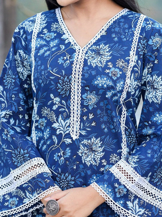 Yufta Floral Embroidered Thread Work Pure Cotton Kurta With Trousers & Dupatta