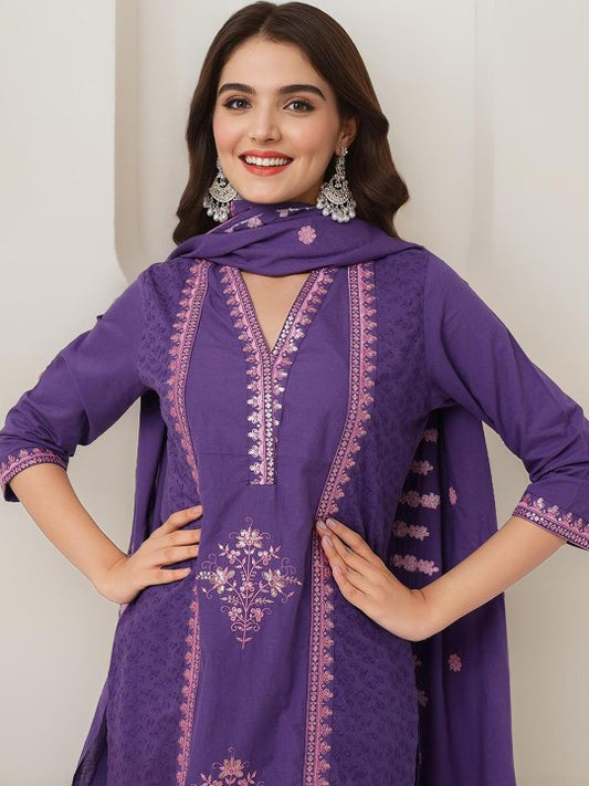 Ishin Floral Embroidered Regular Pure Cotton Straight Kurta with Trousers & Dupatta