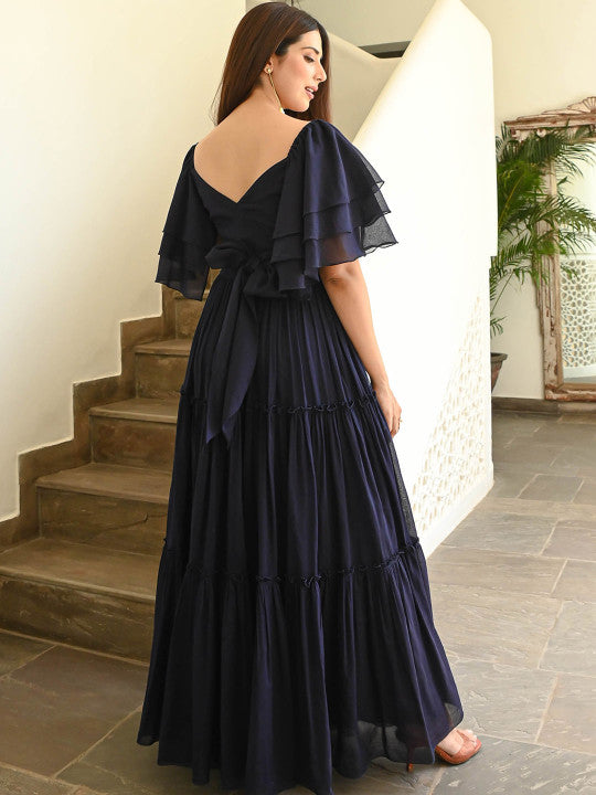 Bunaai Cotton Flared Sleeve Tiered Maxi Gowm