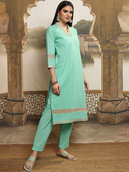 Vishudh Women Floral Embroidered Regular Pure Cotton Kurta Trousers With Dupatta