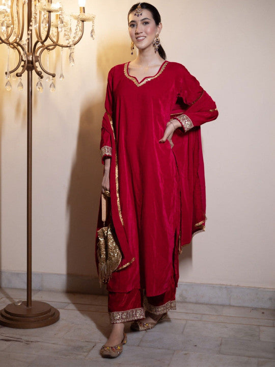 DIMPLE DESIGN STUDIO Notch Neck Velvet Straight Kurta with Palazzos & Dupatta