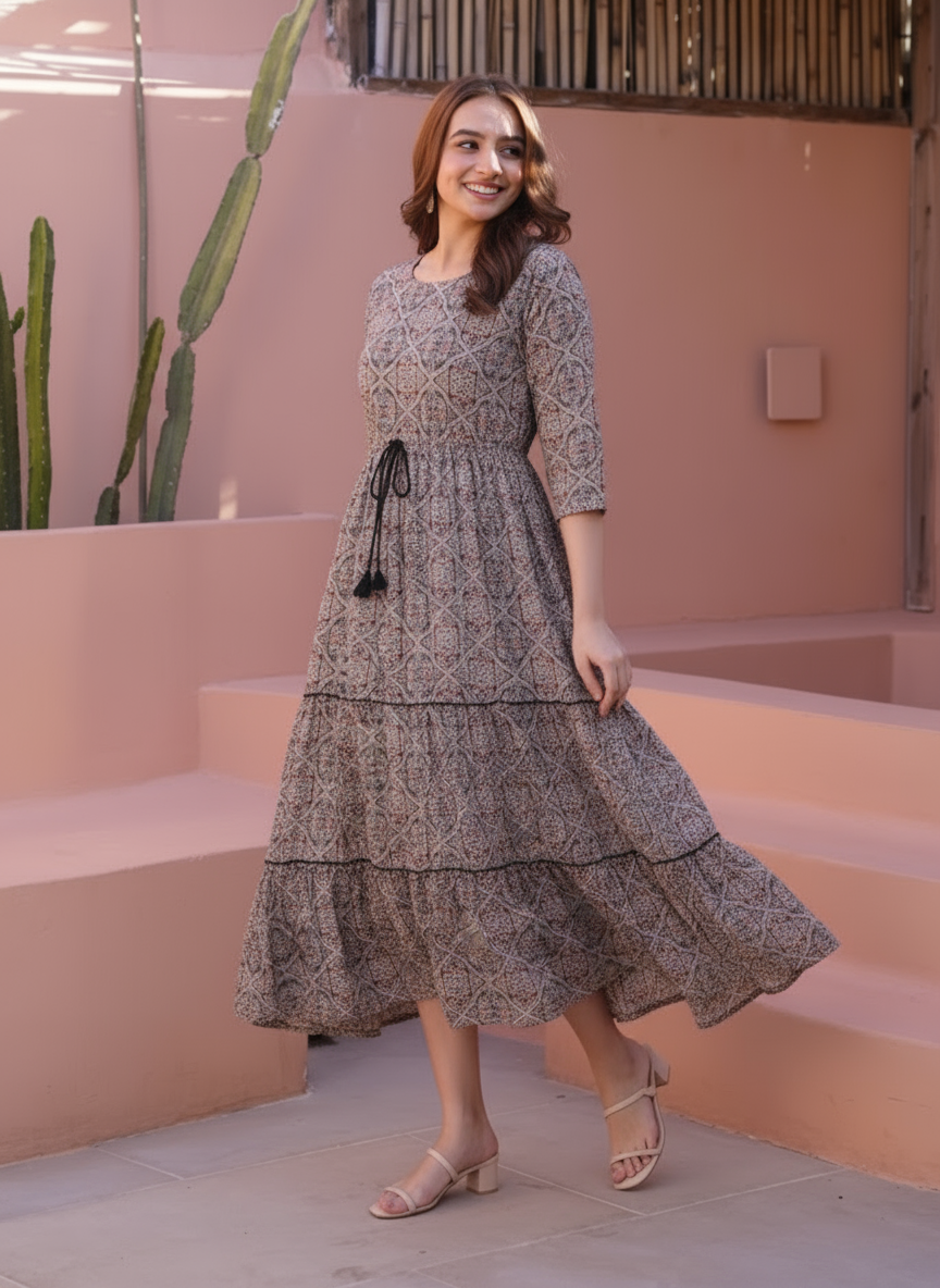 Viscose Jaal Gathered Maroon Dress